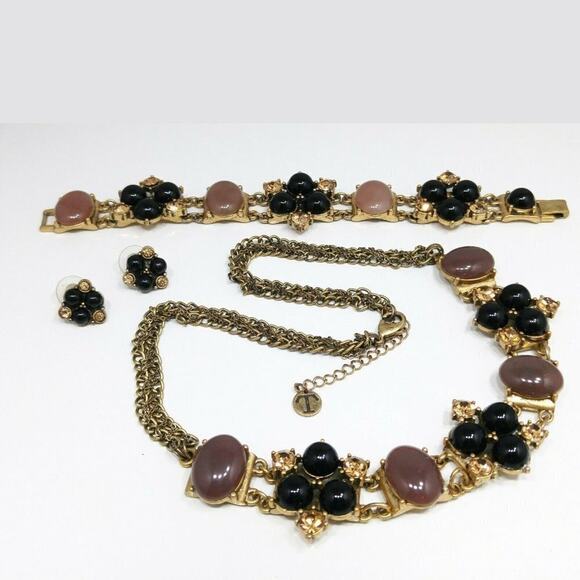 Talbots Rhinestone Necklace Bracelet Earrings Set, Black Brown Cabs, 21"  7 1/2" - Picture 7 of 7